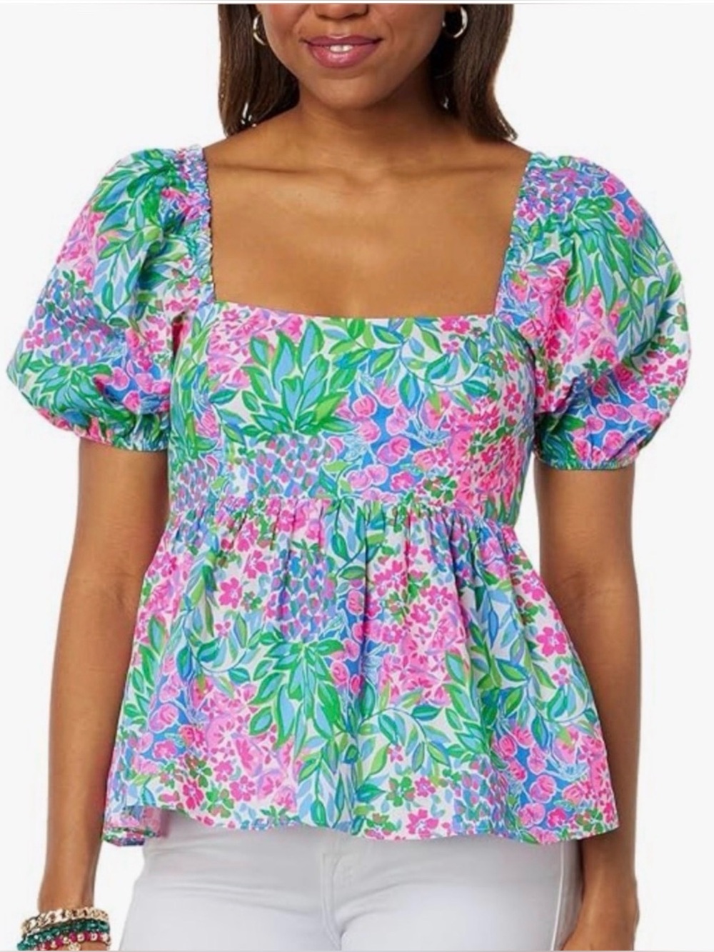 Lilly Pulitzer Kay Floral Puff Sleeve Peplum Square Neck Top Pink Size 0 Palm